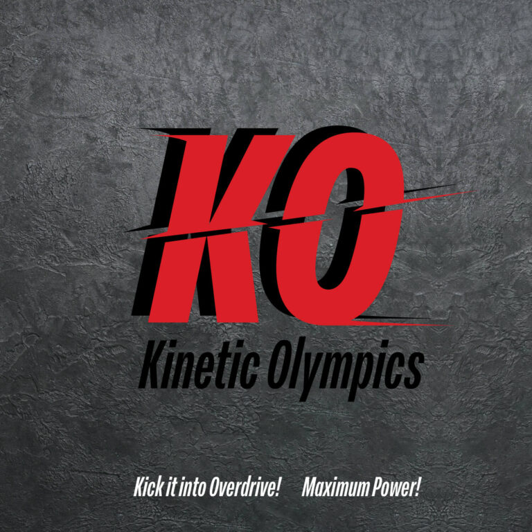 Logo Kinetic Olympics on a gritty background with the logo in red and two taglines: Kick it into Overdrive! and Maximum Power!