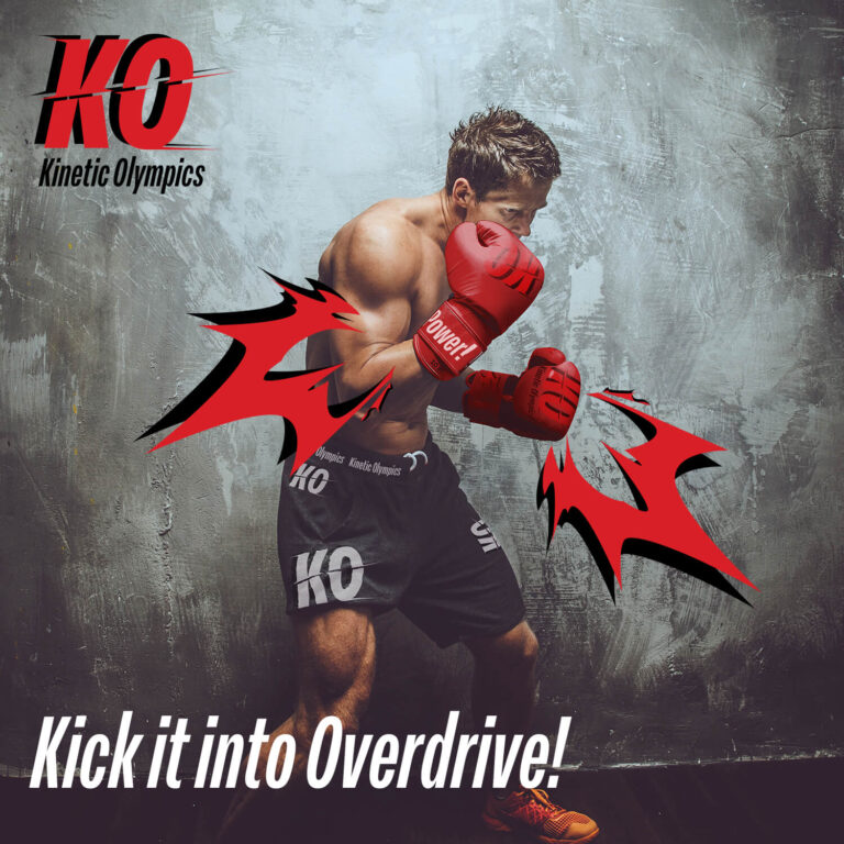 Boxer with Kinetic Olympic branding on red gloves and black shorts. With a grunge textured background. Tagline: Kick it into Overdrive!