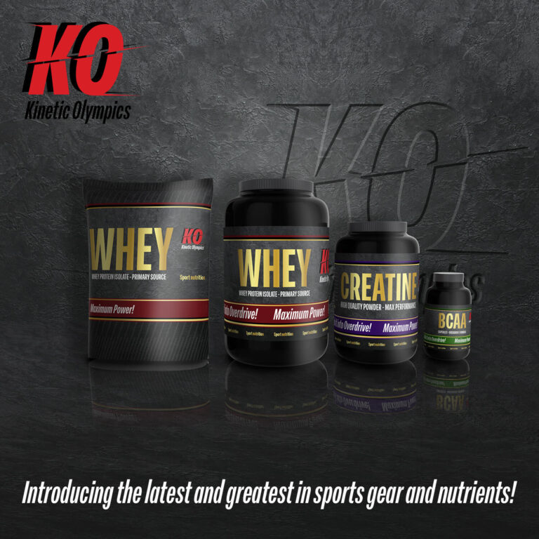 Kinetic Olympics-branded sport supplements featuring whey protein, creatine, and BCAA, showcasing packaging design.