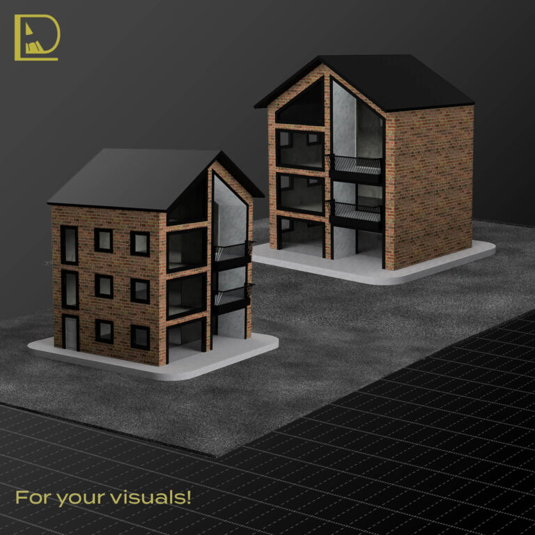 3D visual of a four-story rental building with light brown brick walls and elegant balconies, showcasing its aesthetic appeal and functionality as a desirable rental property. Showing 2 sides of the building