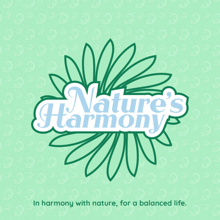 Nature's Harmony logo op een lichtgroene achtergrond met de tekst 'In harmony with nature, for a balanced life