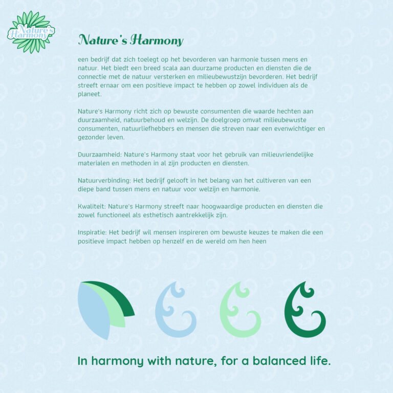 Nature's Harmony logo in de linkerbovenhoek met vier veelgebruikte patronen in de huisstijl op een lichtblauwe achtergrond. In het midden van de afbeelding staat tekst die het merk uitlegt