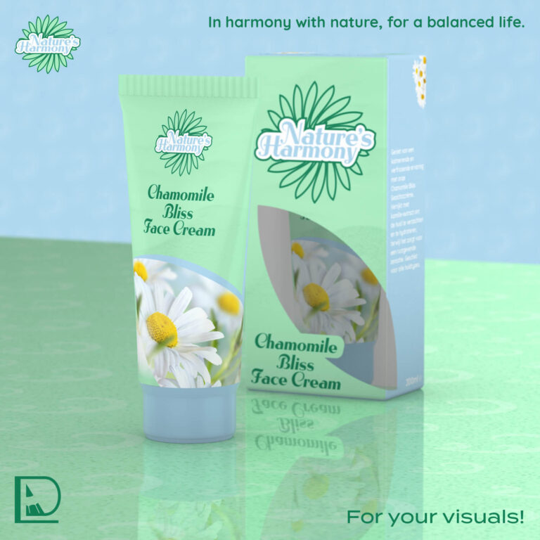 3D-voorbeeld van een tube Chamomile Face Cream met de verpakking erachter.